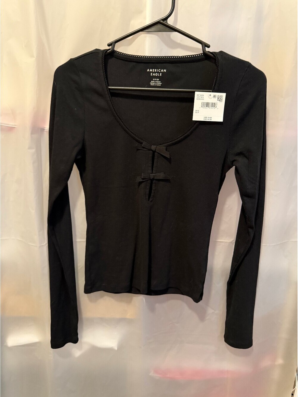 American Eagle Black Long Sleeve Scoop Neck Top with Bows Size Small